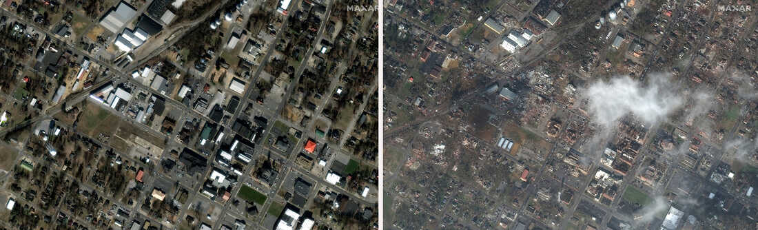 Overview of downtown Mayfield before (L) and after the tornado
