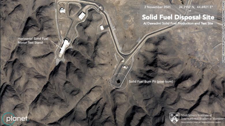 Satellite image captured on November 2 shows the facility is operating a "burn pit" to dispose of solid-propellant leftover from the production of ballistic missiles.