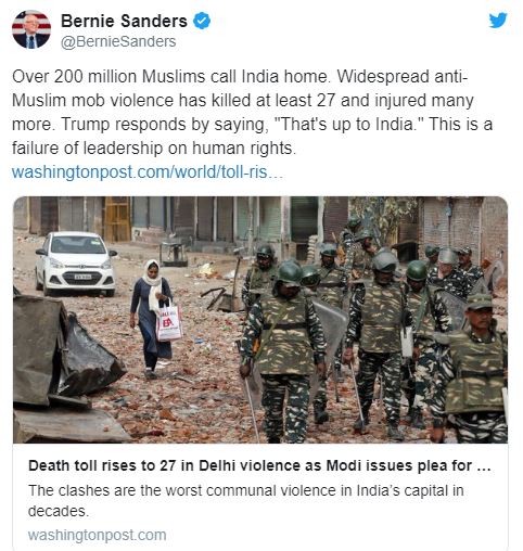 Bernie Sanders' Tweet Critiquing Trump's Reaction to the New Delhi Violence