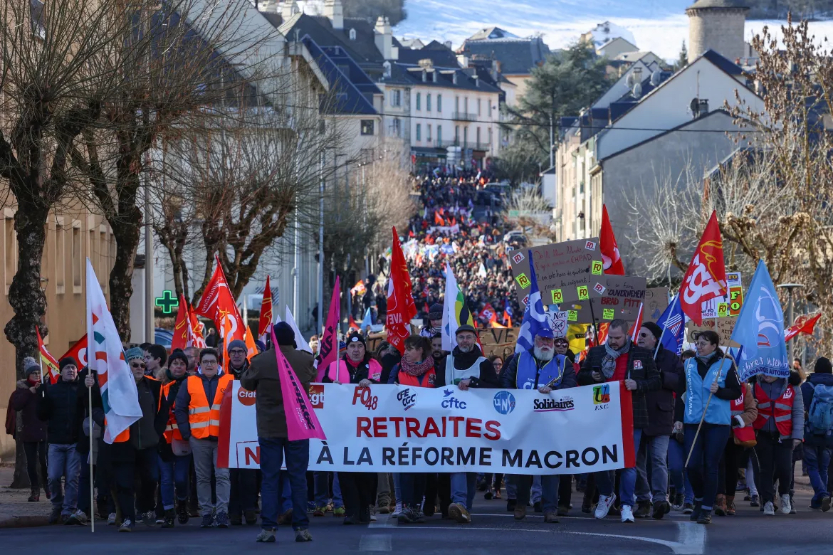 Banner reading, "Pensions: No to the Macron reform," at a protest in in Mende in southern France.