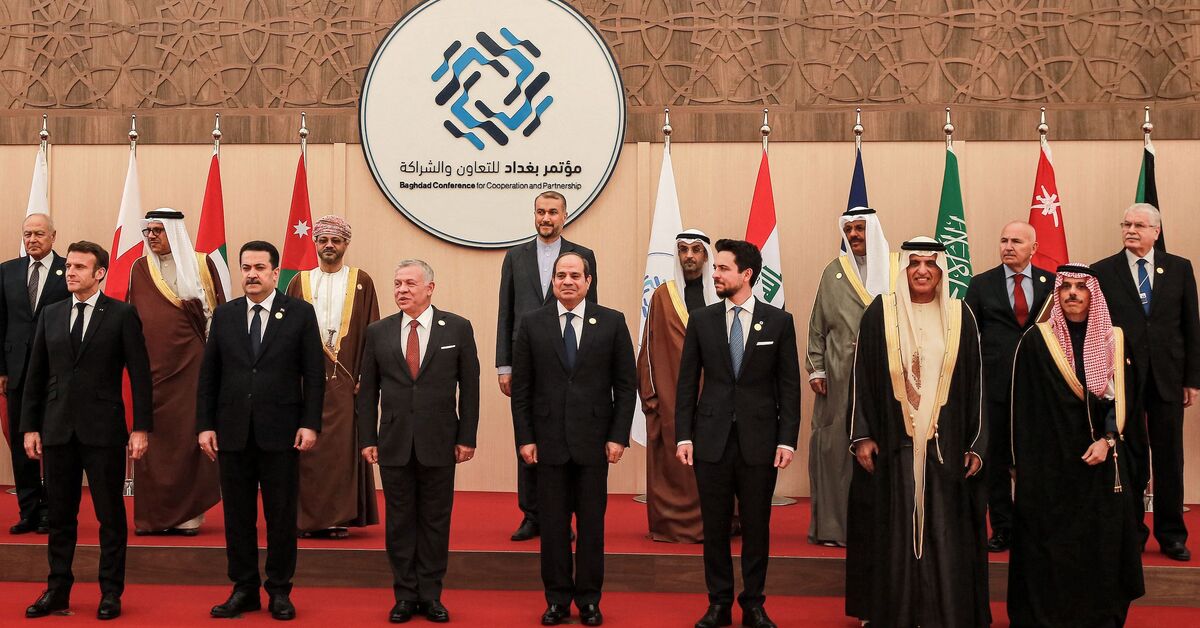 Leaders and foreign ministers of countries attending the Baghdad II smmit in Jordan. Saudi Foreign Minister Prince Faisal bin Farhan (front row, first from right) and Iranian FM Hossein Amiabdollahian (top row, 4th from left) can be seen