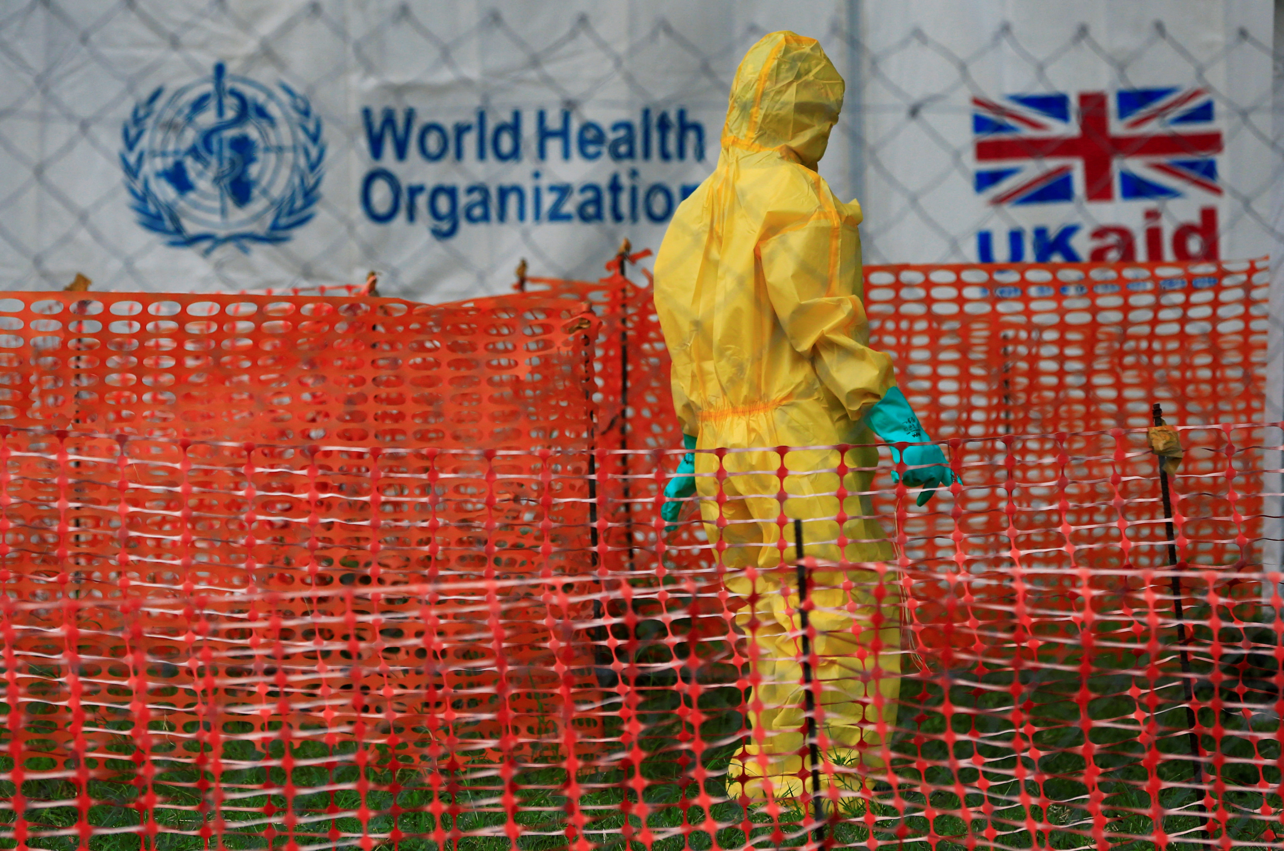 A person dressed in Ebola protective apparel is seen inside an Ebola care facility at the Bwera general hospital, Uganda