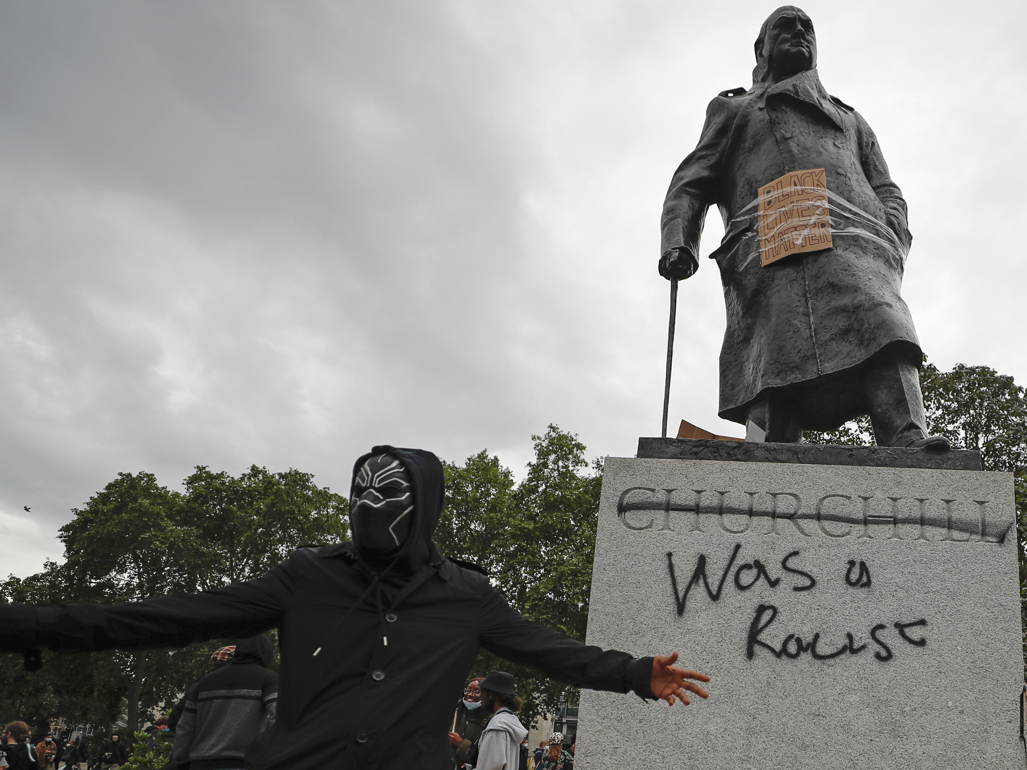 A statue of Churchill was vandalized in London.