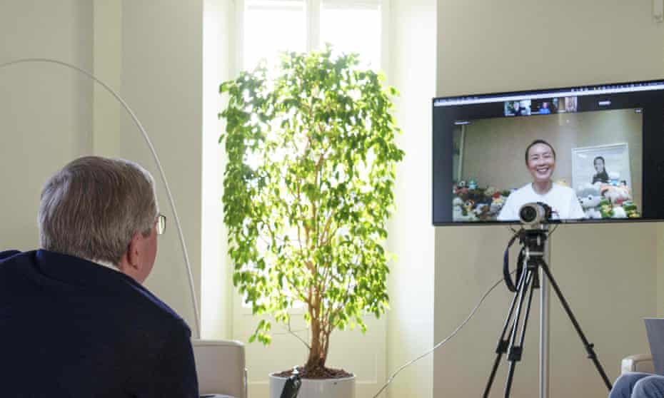 IOC President Thomas Bach in a video call with Peng Shuai.