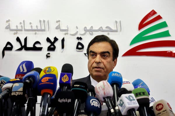 Lebanon’s Information Minister George Kordahi announcing his resignation on Friday in Beirut.