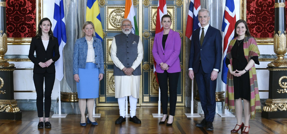 PM Modi (centre) with the PMs (from left to right) of Finland, Sweden, Denmark, Norway, and Iceland