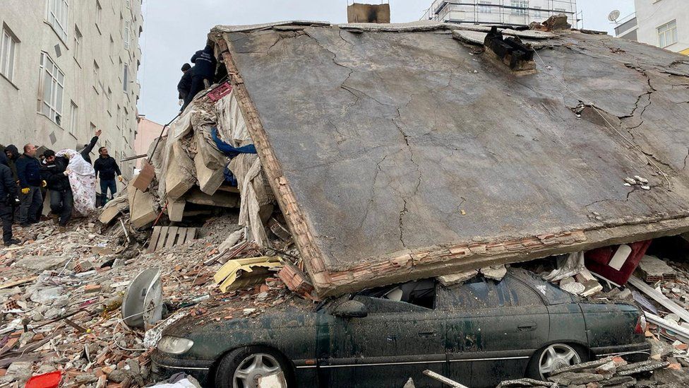 A car buried by the roof of a house in Diyarbakir, Turkey